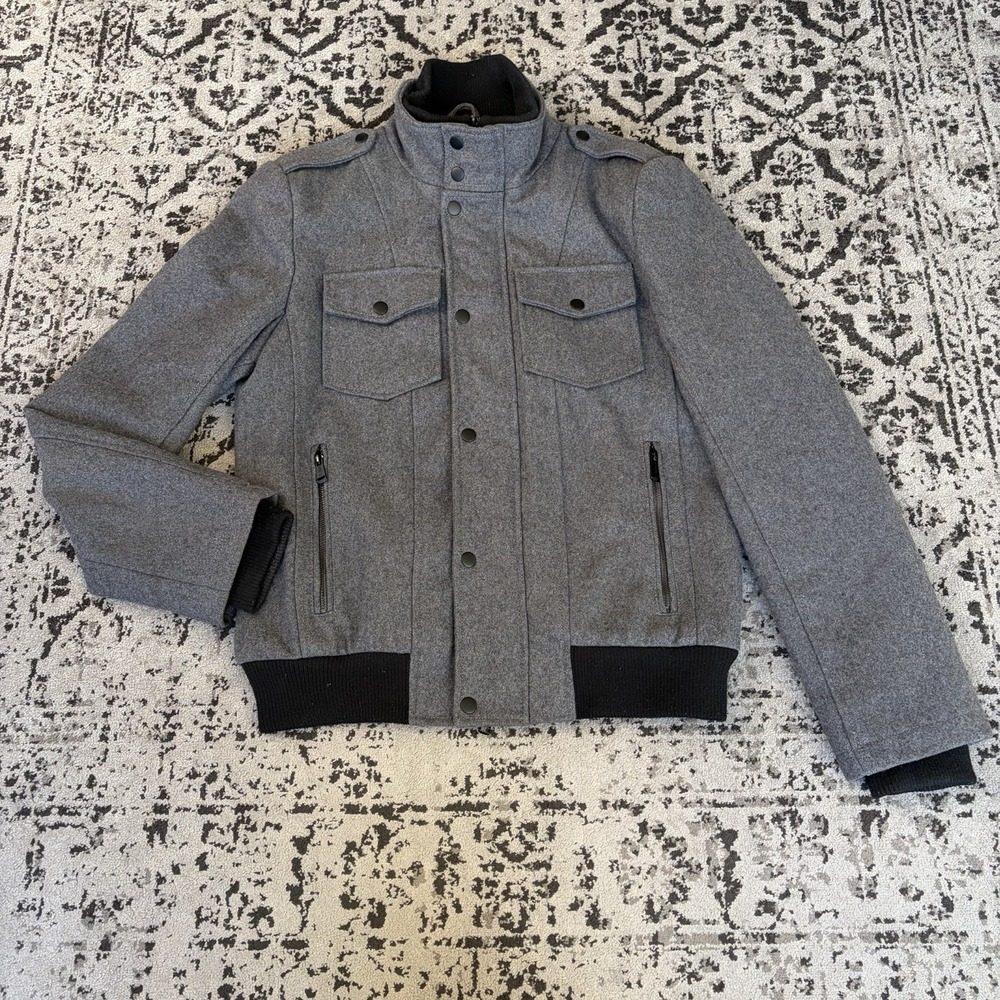 Men's Guess Wool Blend Military/Flight/Bomber Jacket in Gray - Size Small